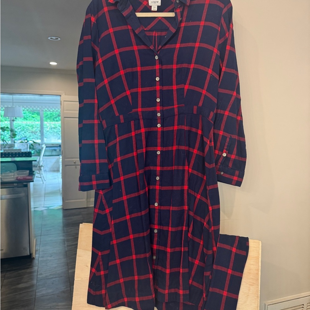 J. Crew Blue and Red Long Sleeve V-Neck Shirt Dress